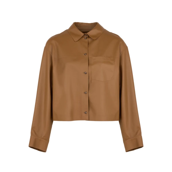 Cropped Lambskin Leather Shirt in Brown