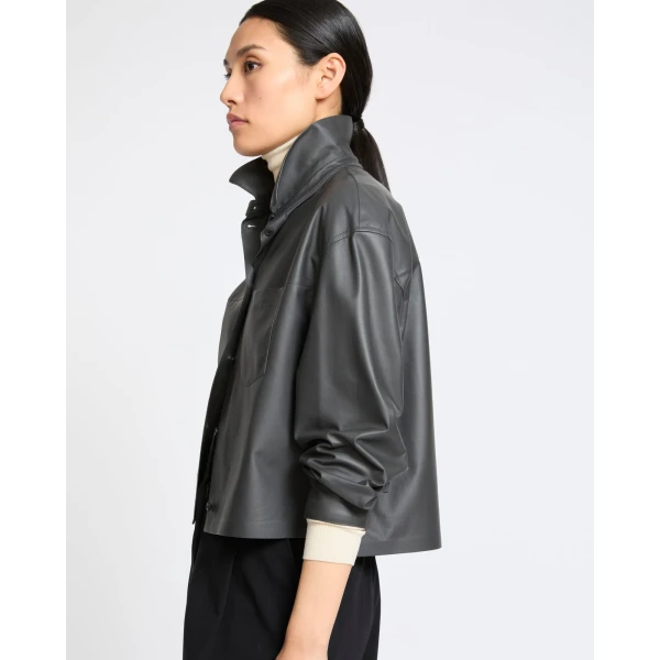 Yves Salomon Cropped Lambskin Leather Shirt in Grey | Shirts | Coveti