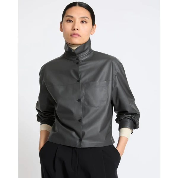 Yves Salomon Cropped Lambskin Leather Shirt in Grey | Shirts | Coveti