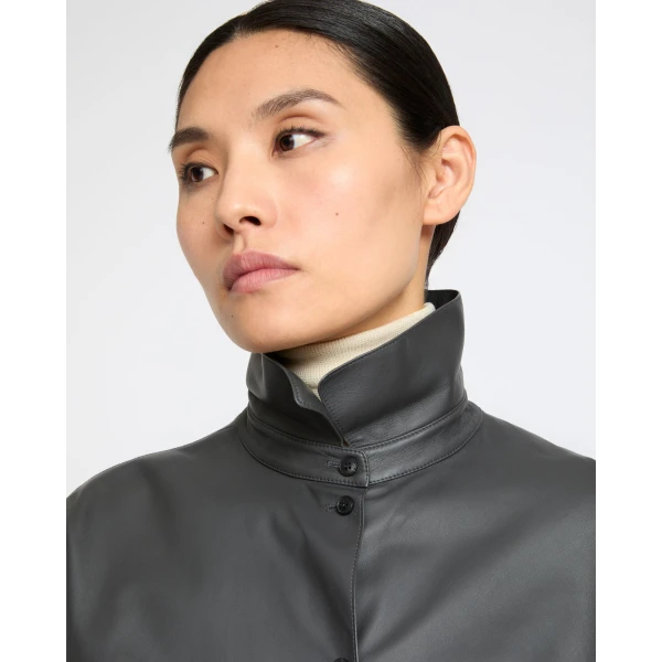 Yves Salomon Cropped Lambskin Leather Shirt in Grey | Shirts | Coveti