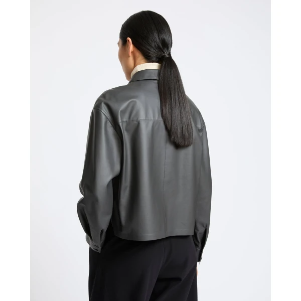 Yves Salomon Cropped Lambskin Leather Shirt in Grey | Shirts | Coveti