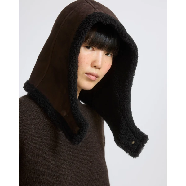 Yves Salomon Curly Merino Lambskin Hood in Brown | Hats | Coveti