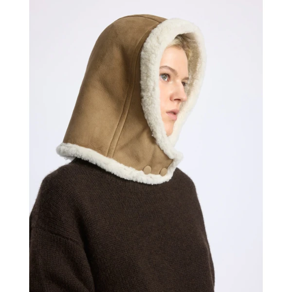 Yves Salomon Curly Merino Lambskin Hood in Camel | Hats | Coveti
