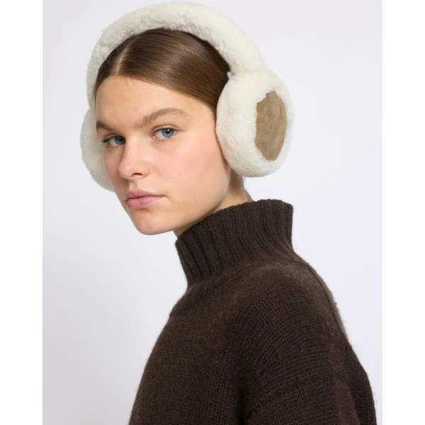 Yves Salomon Curly Merino Lambskin Shearling Earmuffs in Camel | Hats | Coveti