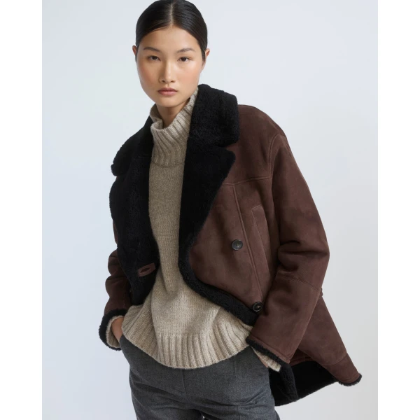 Yves Salomon Curly Merino Lambskin Shearling Pea Coat in Brown | Shearling Coat | Coveti