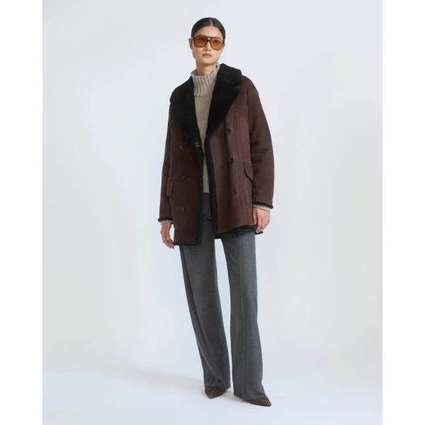 Yves Salomon Curly Merino Lambskin Shearling Pea Coat in Brown | Shearling Coat | Coveti
