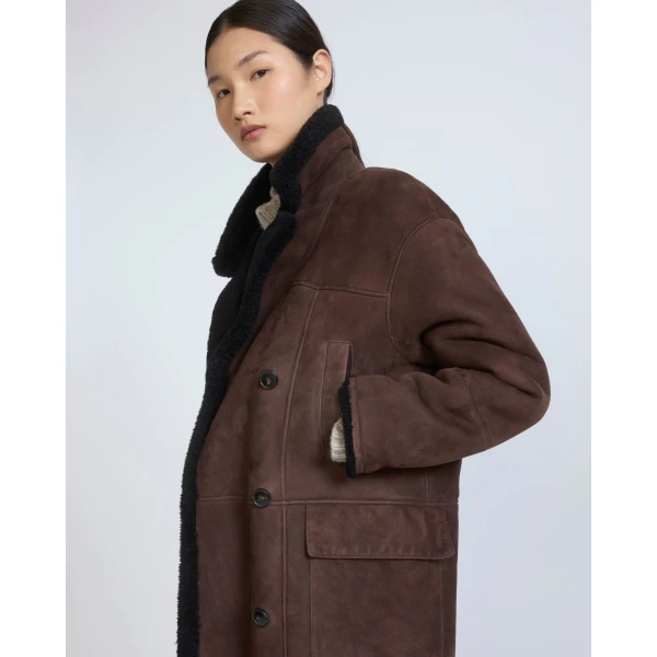 Yves Salomon Curly Merino Lambskin Shearling Pea Coat in Brown | Shearling Coat | Coveti