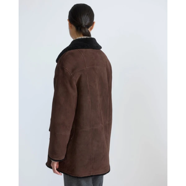 Yves Salomon Curly Merino Lambskin Shearling Pea Coat in Brown | Shearling Coat | Coveti