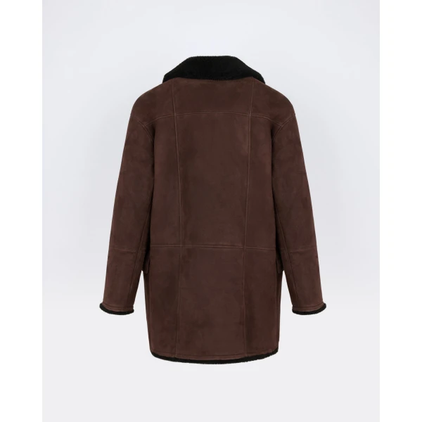 Yves Salomon Curly Merino Lambskin Shearling Pea Coat in Brown | Shearling Coat | Coveti