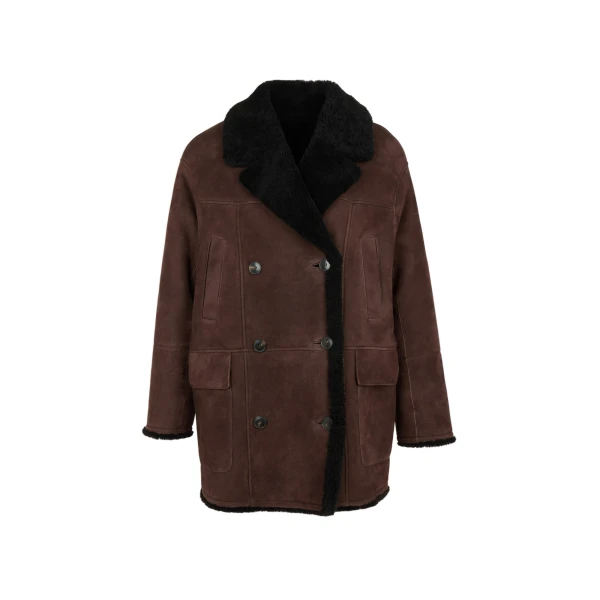 Curly Merino Lambskin Shearling Pea Coat in Brown