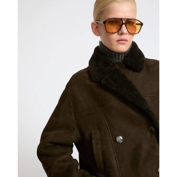 Yves Salomon Curly Merino Lambskin Shearling Pea Coat in Khaki | Shearling Coat | Coveti