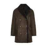 Yves Salomon Curly Merino Lambskin Shearling Pea Coat in Khaki | Shearling Coat | Coveti