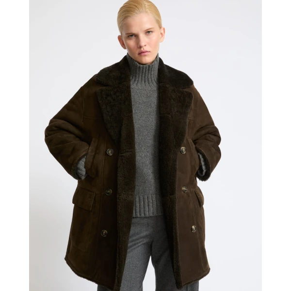 Yves Salomon Curly Merino Lambskin Shearling Pea Coat in Khaki | Shearling Coat | Coveti