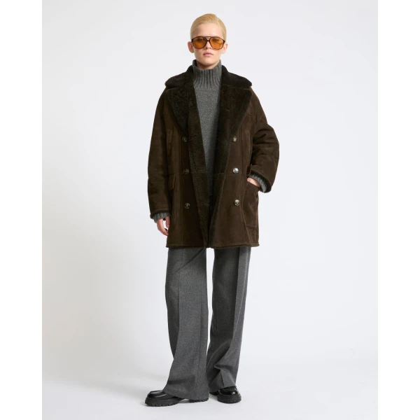 Yves Salomon Curly Merino Lambskin Shearling Pea Coat in Khaki | Shearling Coat | Coveti