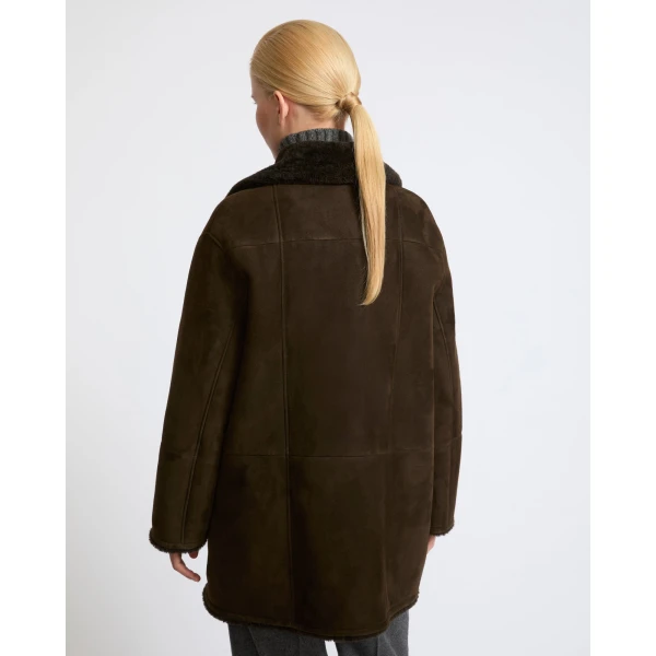 Yves Salomon Curly Merino Lambskin Shearling Pea Coat in Khaki | Shearling Coat | Coveti