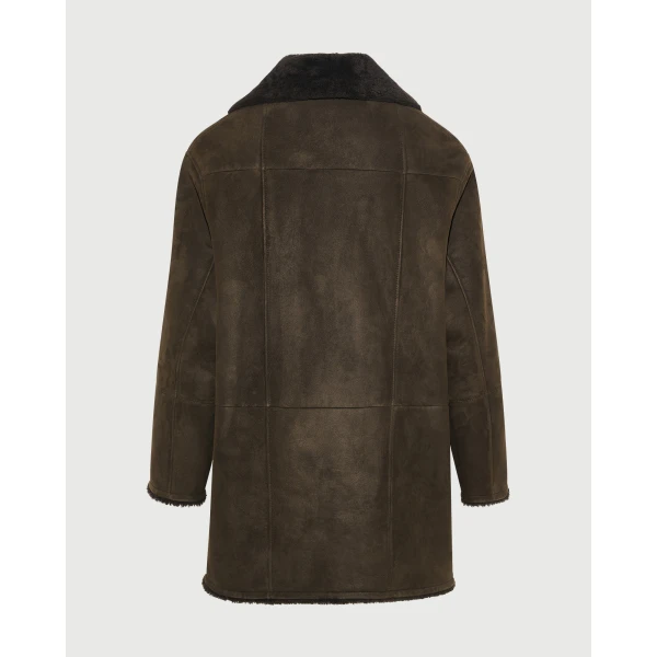 Yves Salomon Curly Merino Lambskin Shearling Pea Coat in Khaki | Shearling Coat | Coveti