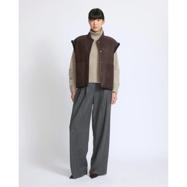 Yves Salomon Curly Merino Lambskin Sleeveless Gilet in Brown | Vests | Coveti