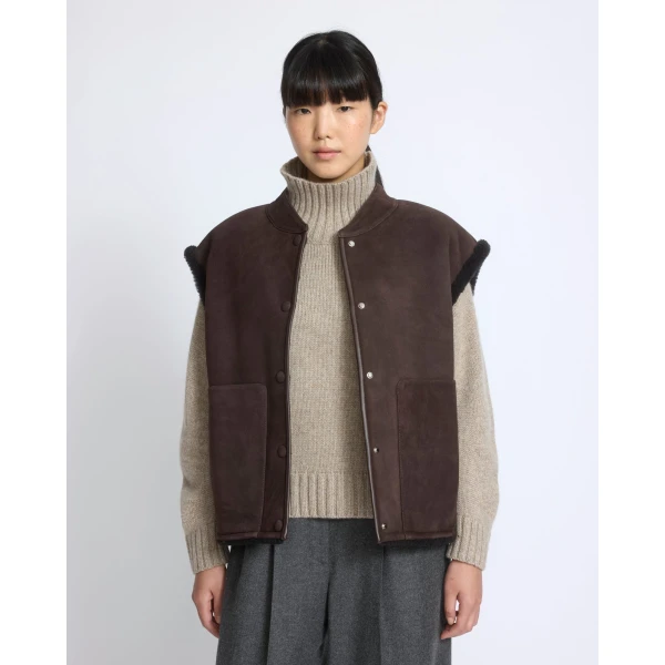 Yves Salomon Curly Merino Lambskin Sleeveless Gilet in Brown | Vests | Coveti
