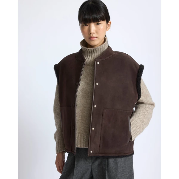 Yves Salomon Curly Merino Lambskin Sleeveless Gilet in Brown | Vests | Coveti