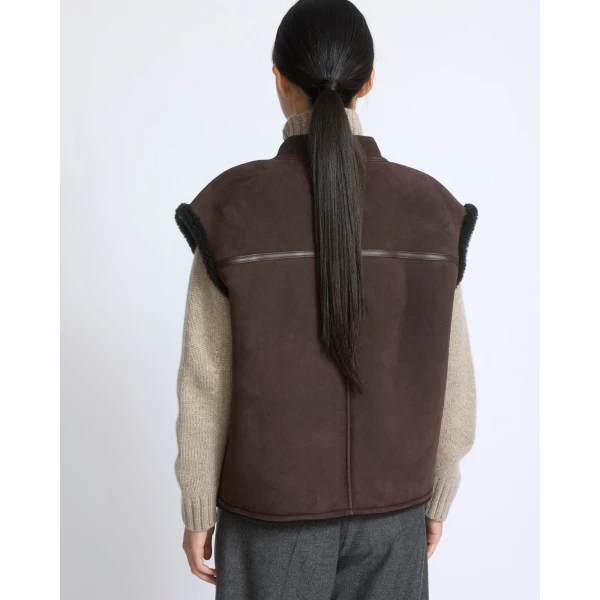 Yves Salomon Curly Merino Lambskin Sleeveless Gilet in Brown | Vests | Coveti