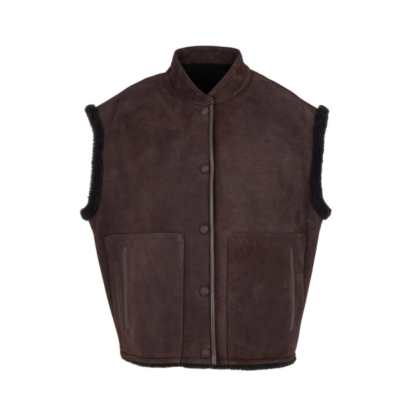 Yves Salomon Curly Merino Lambskin Sleeveless Gilet in Brown | Vests | Coveti