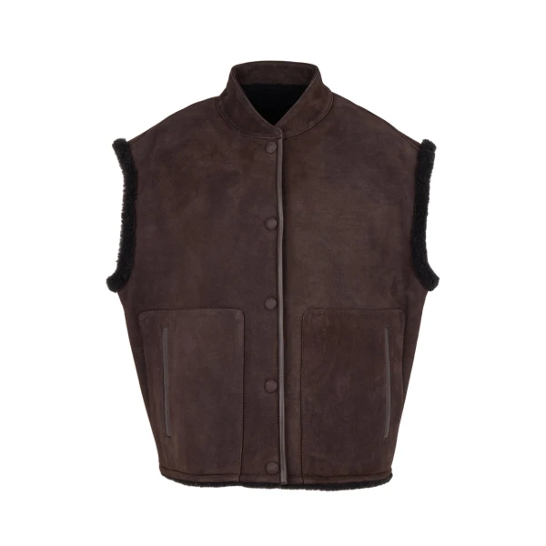 Curly Merino Lambskin Sleeveless Gilet in Brown