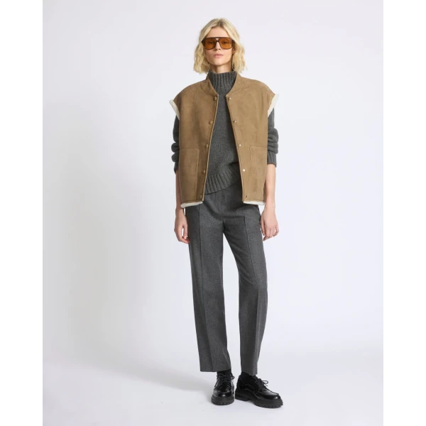 Yves Salomon Curly Merino Lambskin Sleeveless Gilet in Camel | Vests | Coveti