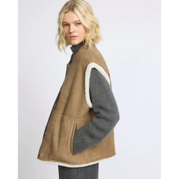 Yves Salomon Curly Merino Lambskin Sleeveless Gilet in Camel | Vests | Coveti