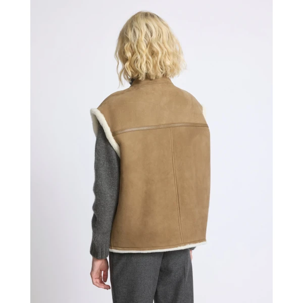 Yves Salomon Curly Merino Lambskin Sleeveless Gilet in Camel | Vests | Coveti