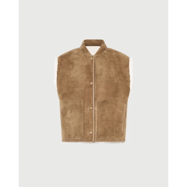 Yves Salomon Curly Merino Lambskin Sleeveless Gilet in Camel | Vests | Coveti