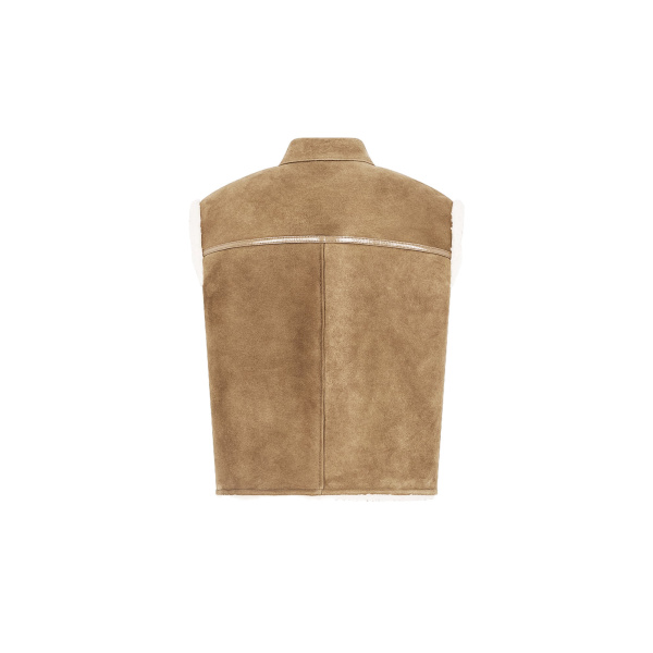 Yves Salomon Curly Merino Lambskin Sleeveless Gilet in Camel | Vests | Coveti