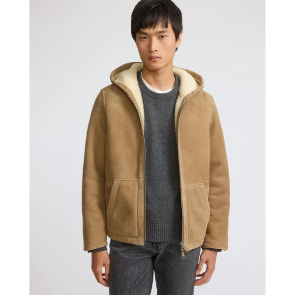 Yves Salomon Curly Merino Shearling Suede Hoodie in Beige and White | Men's Jackets | Coveti