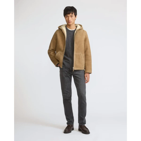 Yves Salomon Curly Merino Shearling Suede Hoodie in Beige and White | Men's Jackets | Coveti