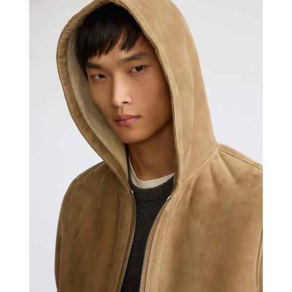 Yves Salomon Curly Merino Shearling Suede Hoodie in Beige and White | Men's Jackets | Coveti