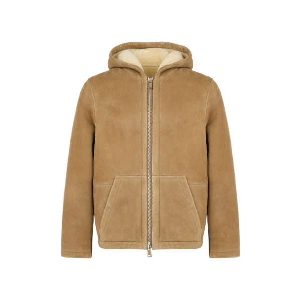 Yves Salomon Curly Merino Shearling Suede Hoodie in Beige and White | Men Jackets | Coveti