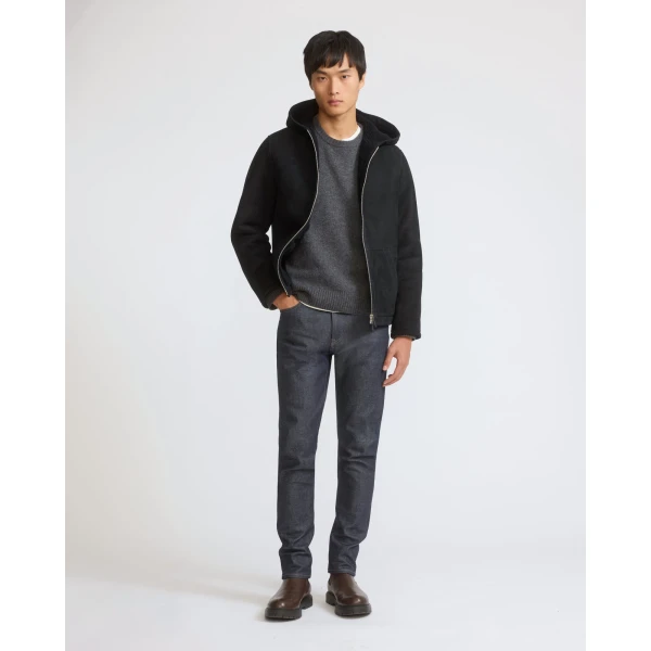 Yves Salomon Curly Merino Shearling Suede Hoodie in Navy | Men's Jackets | Coveti
