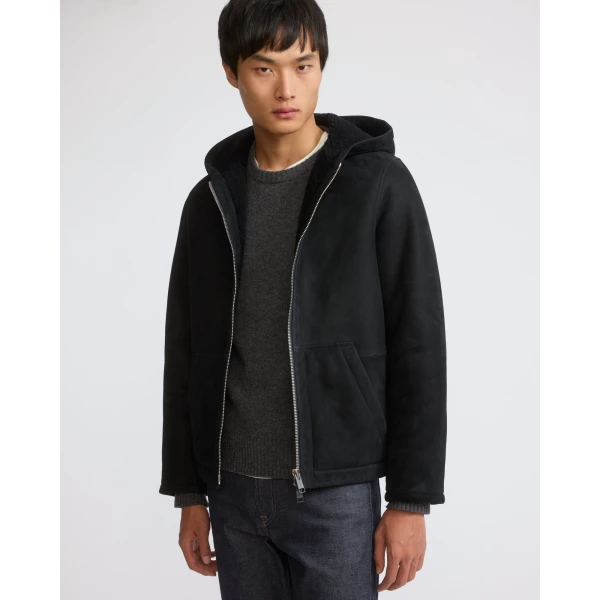 Yves Salomon Curly Merino Shearling Suede Hoodie in Navy | Men's Jackets | Coveti