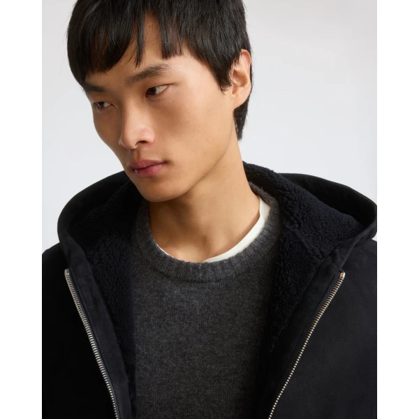 Yves Salomon Curly Merino Shearling Suede Hoodie in Navy | Men's Jackets | Coveti
