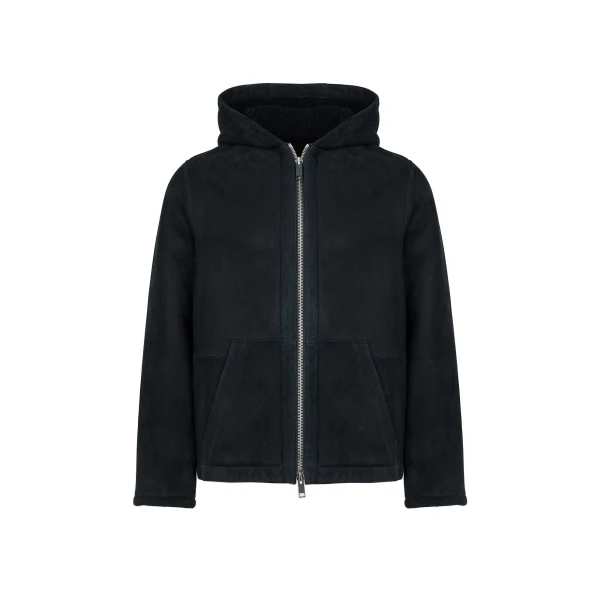 Curly Merino Shearling Suede Hoodie in Navy