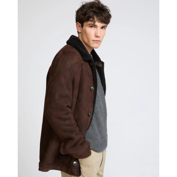 Yves Salomon Curly Wool Suede Lambskin Shearling Jacket in Brown | Men's Jackets | Coveti