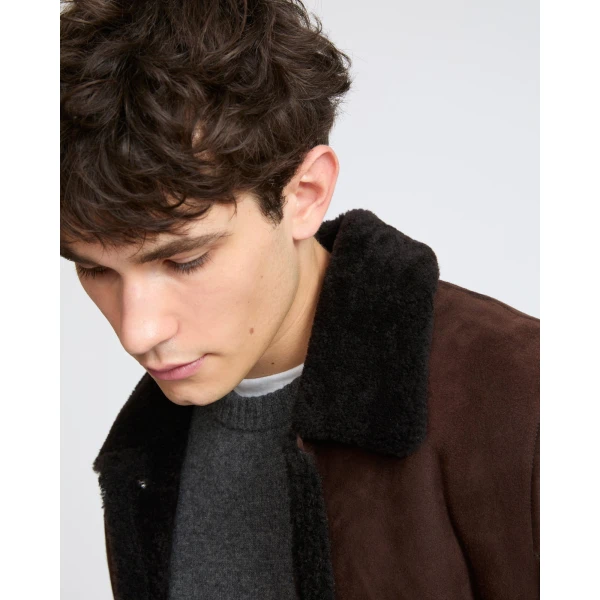 Yves Salomon Curly Wool Suede Lambskin Shearling Jacket in Brown | Men's Jackets | Coveti