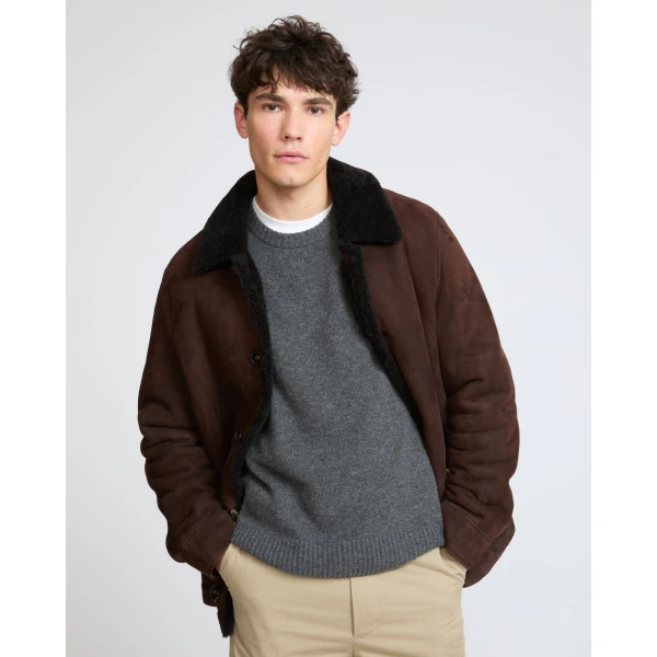 Yves Salomon Curly Wool Suede Lambskin Shearling Jacket in Brown | Men's Jackets | Coveti