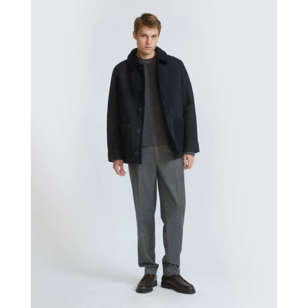 Yves Salomon Curly Wool Suede Lambskin Shearling Jacket in Navy | Men's Jackets | Coveti