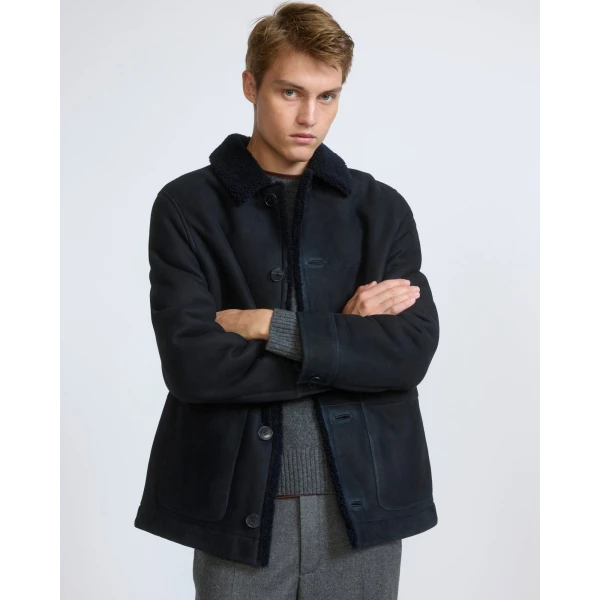 Yves Salomon Curly Wool Suede Lambskin Shearling Jacket in Navy | Men's Jackets | Coveti