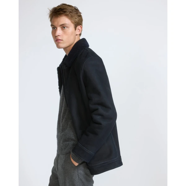Yves Salomon Curly Wool Suede Lambskin Shearling Jacket in Navy | Men's Jackets | Coveti