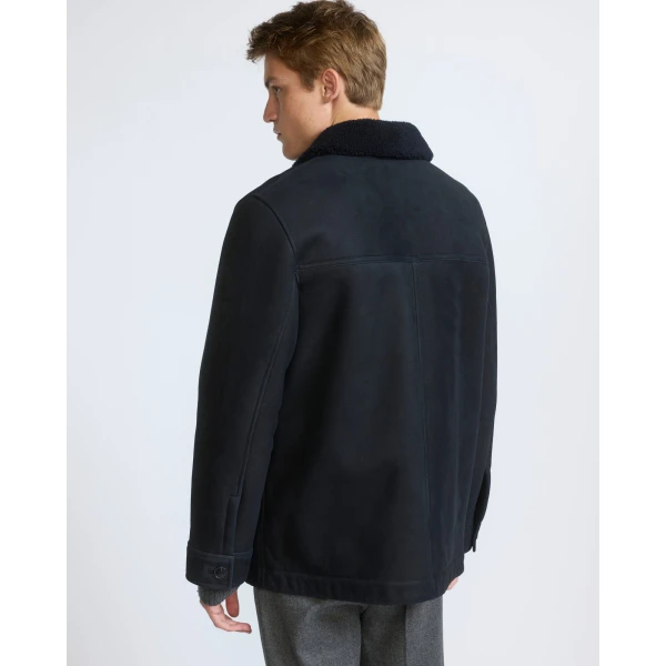 Yves Salomon Curly Wool Suede Lambskin Shearling Jacket in Navy | Men's Jackets | Coveti