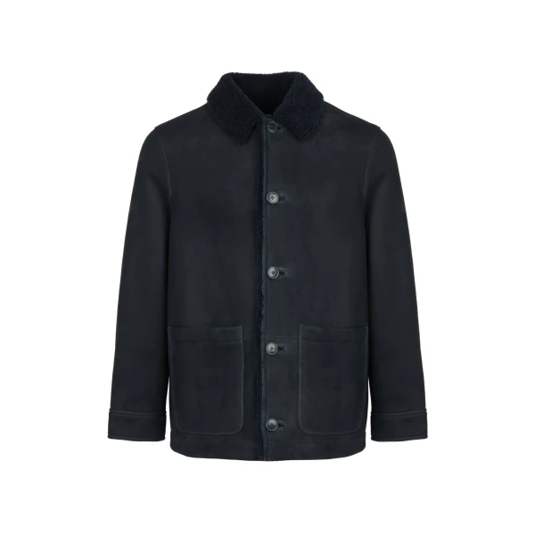 Curly Wool Suede Lambskin Shearling Jacket in Navy