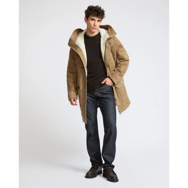 Yves Salomon Curly Wool Suede Lambskin Shearling Parka in Beige and White | Men's Jackets | Coveti