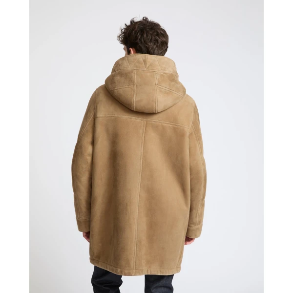 Yves Salomon Curly Wool Suede Lambskin Shearling Parka in Beige and White | Men's Jackets | Coveti