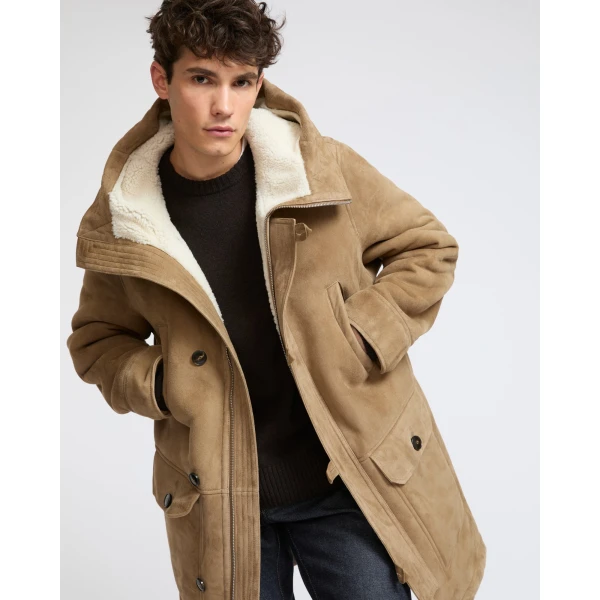 Yves Salomon Curly Wool Suede Lambskin Shearling Parka in Beige and White | Men's Jackets | Coveti